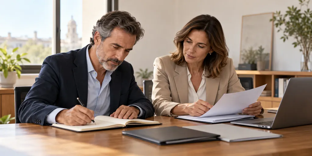Empresario documentando con un asesor el motivo económico de una holding